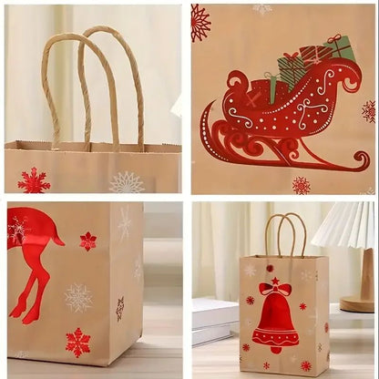 Christmas Kraft Gift Bags with Handles Snowman Santa Tree Designs Geometric Pattern Paper Tote Bags Party Xmas Decoration