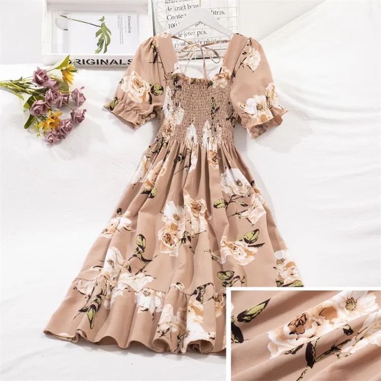 Spring Summer Elastic Waist Chiffon Dress Women Casual Dresses Fashion Female  Vestidos Short Sleeve Pleated A-line Dresses