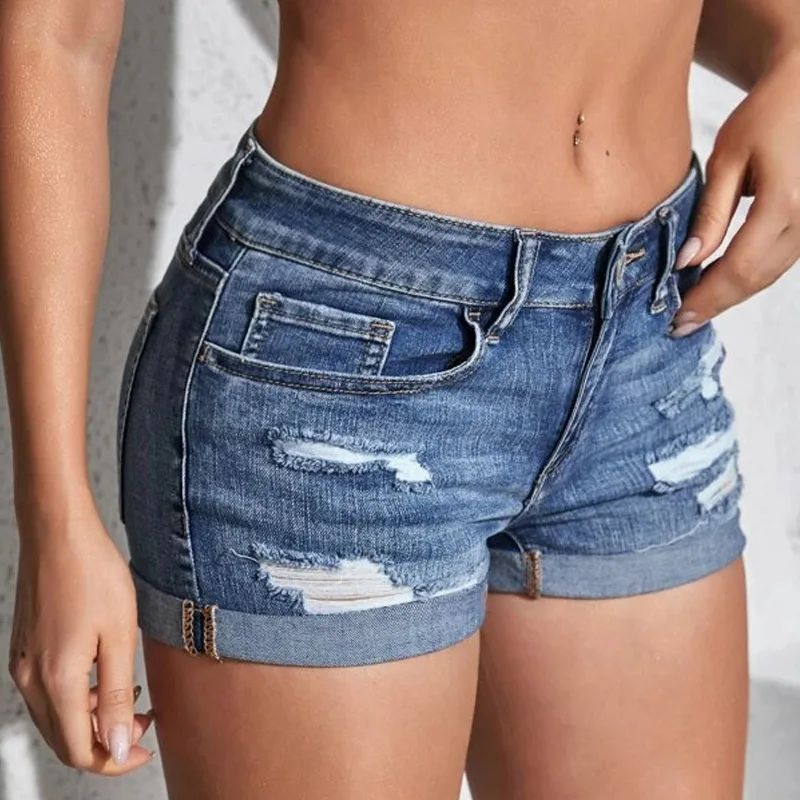 Women's Split Denim Shorts Summer Beach Wild Fashion Sexy Mid Waist Curled Cuff Perforated Elastic Slim Fit Casual Shorts
