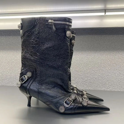 Women's Sexy Stiletto High Heels with Rivet Decoration, Wide Barrel Knee Length Boots, European and American Fashion Show Boots