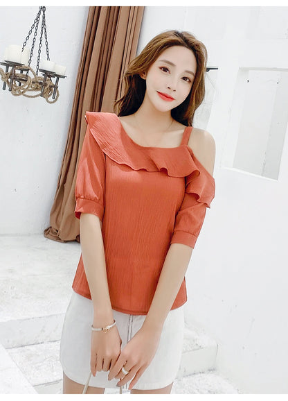 Women's Shirt Tops Fashion One-Shoulder Ruffles Short-sleeved Tops Chiffon Tops S-XXL