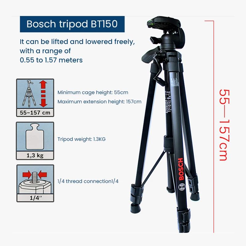 Bosch BT150 Tripé Compacto com Altura Extensível para Uso com Níveis a Laser de Linha, Níveis a Laser de Ponto, Níveis a Laser, Ferramenta de Medição de Fita