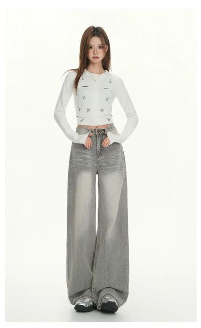 Gray American High Street Wide Leg Jeans Women Loose Drapey Slim Straight Floor-Length Pants High Waist Button Decoration