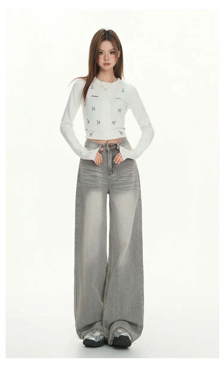 Gray American High Street Wide Leg Jeans Women Loose Drapey Slim Straight Floor-Length Pants High Waist Button Decoration
