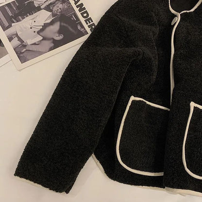 Korean Style Short Lamb Fur Jacket Women's Crew Neck Lazy Style Outerwear Autumn Winter New Arrival Soft Cozy round Neck Top