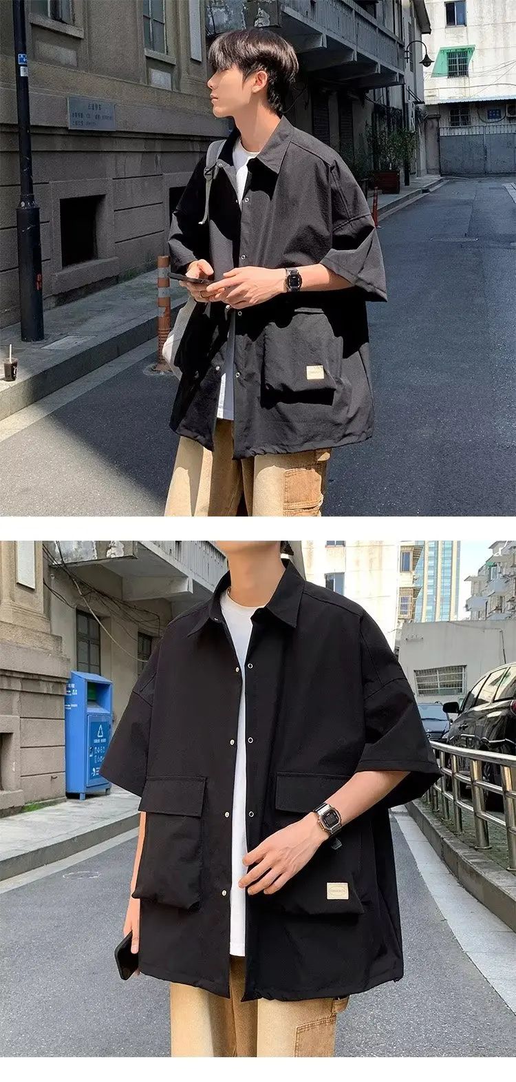 Men's Retro Large Pocket Cargo Shirt Jacket Coat Summer Loose Casual Short Sleeved Shirt For Men Y2k Japan Korea Streetwear