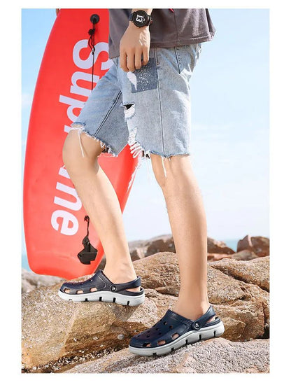 2024 Summer Plus Size Hollow Out Sandals Men's Breathable Slippers Trendy Thick Base Slip-On Beach Shoes Men's Footwear