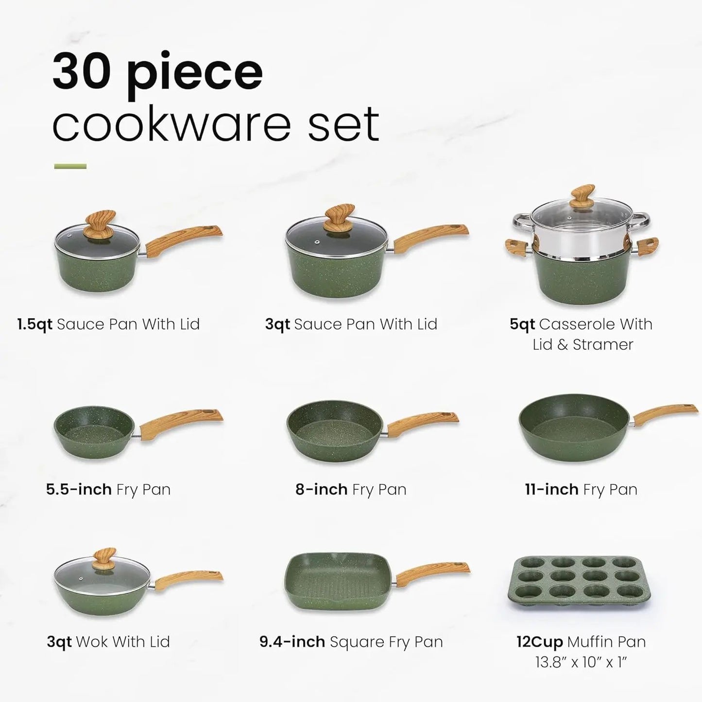 Pots and Pans Set Nonstick, 30 Pieces Induction Kitchen Cookware and Bakeware Sets, Green Granite Coating Cooking Pans Set