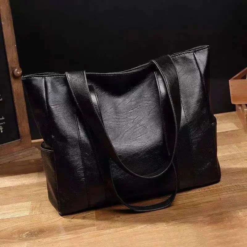 Female Big Soft Leather Satchel Bag Classic Solid Color Simple Casual Large Capacity Tote Single Shoulder Bag Purses and Handbag