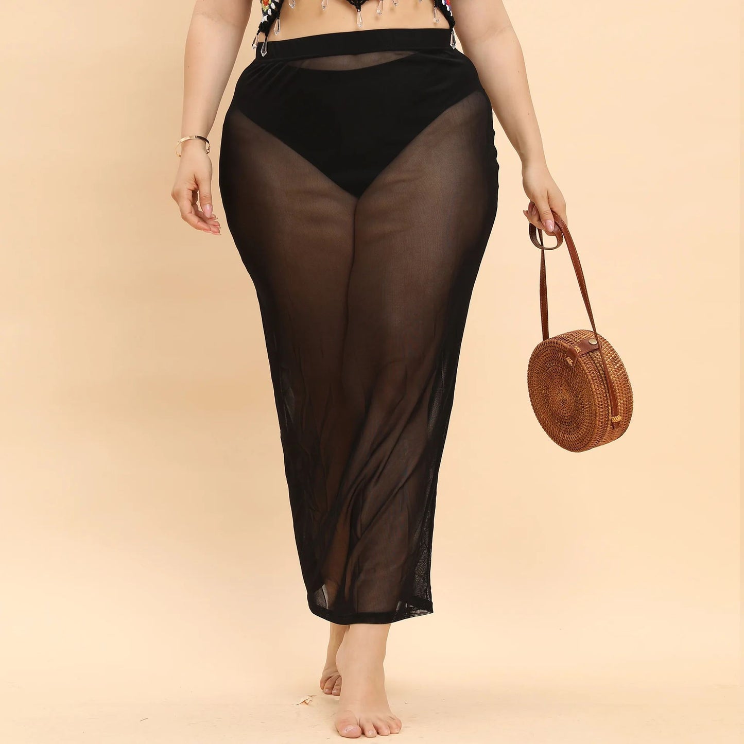 Plus Size Plus Size Beachy See through Mesh Skirt Sexy Vacation Style Women's Half Body Skirt Beach Vacation Fashion plus Siz...