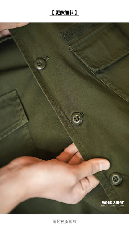 Maden Summer Vintage Four Pockets Short Sleeve Shirts for Men Cotton Green Loose Turn-down Collar Shirt Cargo Tops Male XL XXL