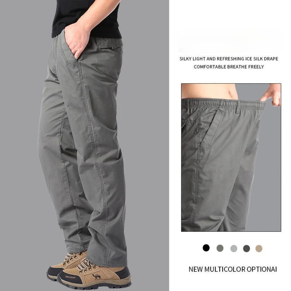 Calças Casuais Masculinas, Calça Cargo de Algodão para Primavera e Outono, Calça Esportiva Grande Plus Size, Calça Reta Solta Masculina com Cintura Elástica