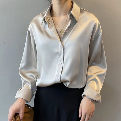 Fall Turn-down Collar Elegant Satin Loose Women Shirt 2025 Plus Size Blouse Autumn Vintage Casual Button Silk Tops