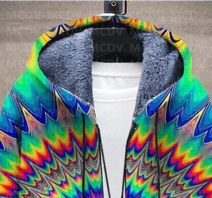 Men's Retro Print Plush Thick Long-Sleeved Coat Cardigan Psychedelic 3D Prined Fleece Hooded Overcoat Unisex Thick Warm Jacket