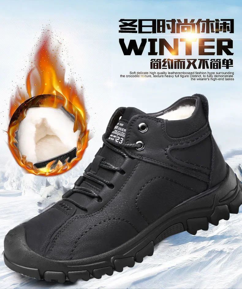 2025 Quente Venda Inverno Novo Sapatos de Algodão Mais Lã Grossa Casual Sapatos Esportivos Masculinos Tênis Cano Alto de Couro Moda Botas de Neve