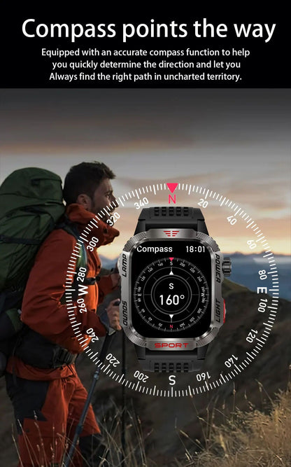 Novo relógio inteligente masculino para ambientes externos de 2,01 polegadas, à prova d'água 3ATM, bateria de 600mAh, bússola, lanterna LED, chamada Bluetooth, Smartwatch para Xiaomi