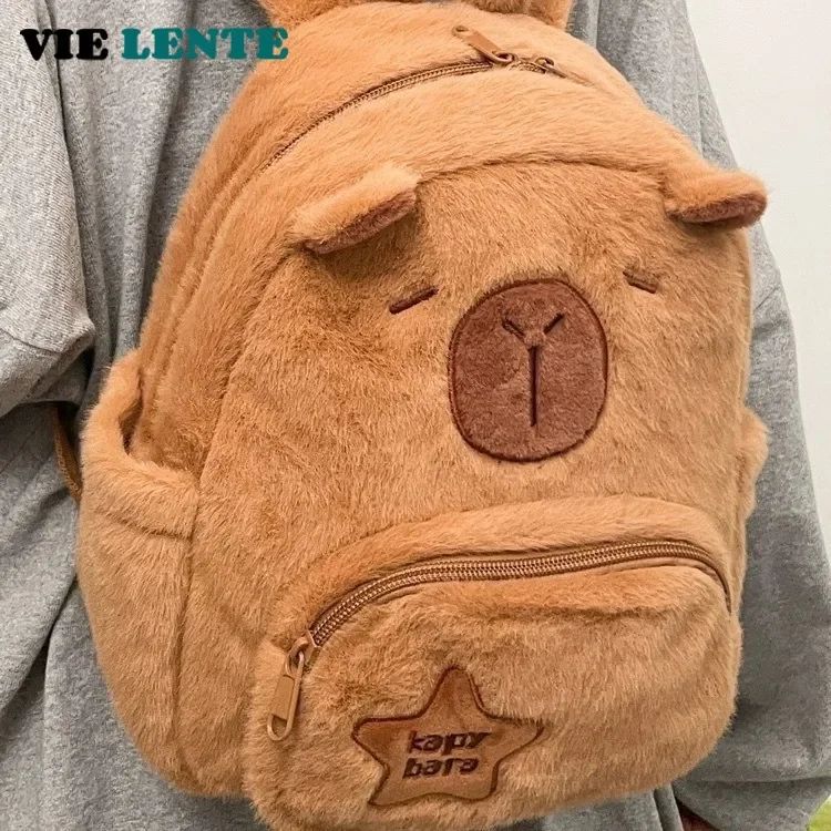 Mochila de Pelúcia Capivara Capibala para Estudantes, Mochila Casual de Pelo, Bolsa Escolar de Grande Capacidade