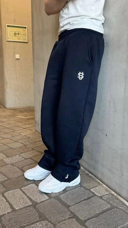 Calça Moletom Bordada Su Jogger Hip Hop Rosa Casual Cintura Elástica Masculina Americana Marinho Y2K Moeda Berlim Street Estilo Anos 2000