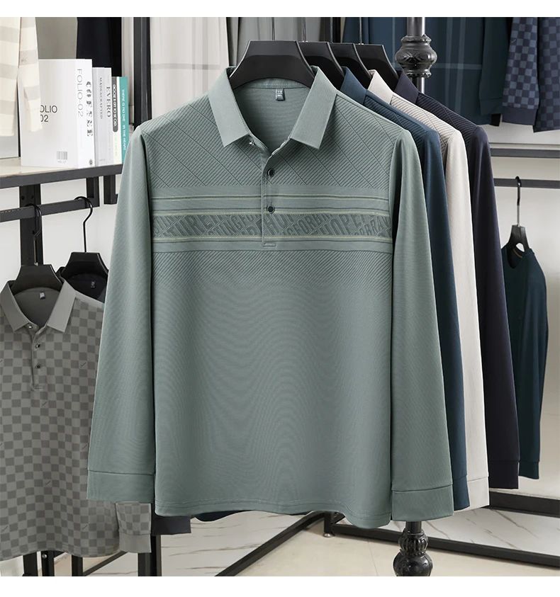 TFETTERS Elegant T Shirt for Man 2025 Spring Autumn Tops Long Sleeve Turn Down Collar Graphic Smart Casual T-shirt for Men