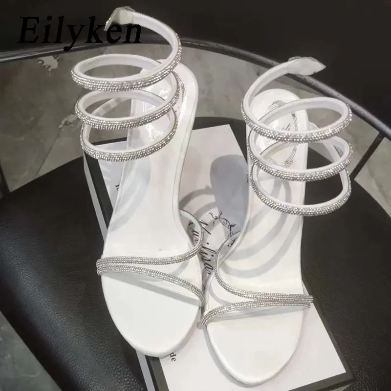 Eilyken Fashion Cristal Salto Agulha Salto Alto Sandálias Femininas Estilo de Rua Sexy Bico Aberto Festa de Casamento Baile Sapatos com Tira no Tornozelo
