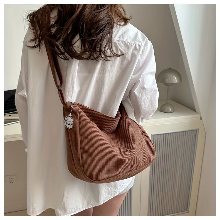 Women’s Corduroy Shoulder Bag Casual Striped Large Capacity Tote with Zipper Closure, Cute Hat Patch, Perfect for Everyday Use