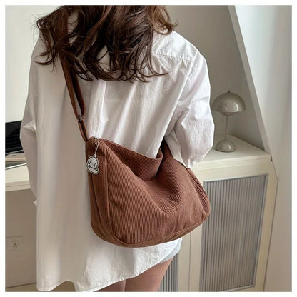 Women’s Corduroy Shoulder Bag Casual Striped Large Capacity Tote with Zipper Closure, Cute Hat Patch, Perfect for Everyday Use