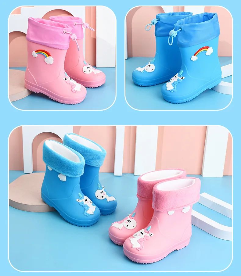 Children's Fleece-Lined Non-Slip Rain Boots For Boys And Girls Cartoon Cute Princess Style Anti-Slip Four Seasons Kids Shoes