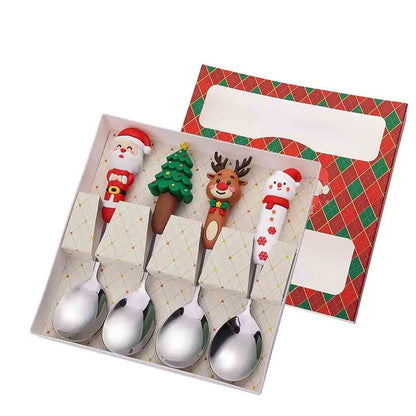 4PCS Christmas Cutlery Set Silver Spoon Fork Set Elk Christmas Tree Decoration Dessert Scoop Cake Fork Silverware Coffee Spoon