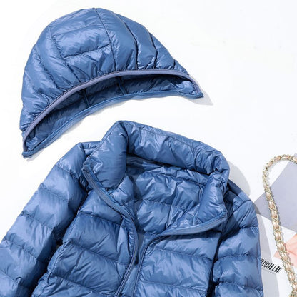 Hoody Long White Duck Down Coat Autumn Winter Portable Hooded Puffer Down Jacket Women Casual Double Zipper Windproof Thin Light