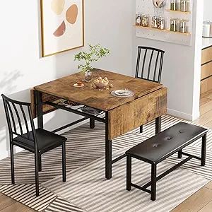4-Piece Faux Wood Drop Leaf Dining Table with Storage Rack, Space Saving Breakfast Nook Table Set with 2 Backrest Chairs