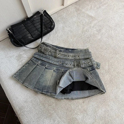 Women's Blue Black Riveted Belt Denim Skirt Y2K Harajuku High Street Fashion 90s Sexy A-line Mini Skirt Summer Clothing 2025 New