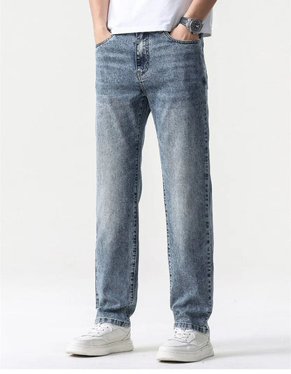 Calça Jeans Masculina Clássica Solta Reta Wide Leg de Sarja Lavada de Alta Qualidade Masculina Fina Fresca Elástica Masculina Casual de Caimento Regular