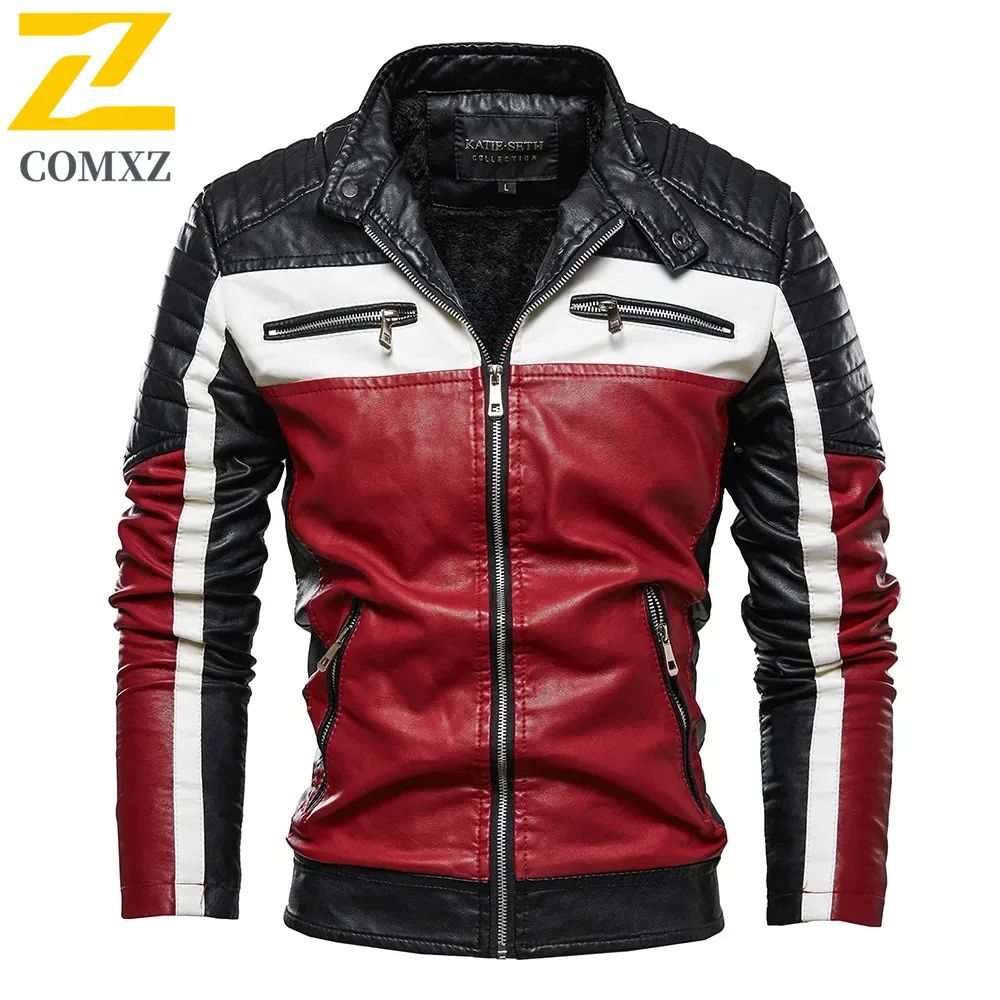 Men Yellow PU Leather Jacket Patchwork Biker Jackets  Casual Zipper Coat Male Motorcycle Jacket Slim Fit Fur Lined Outwear Coat