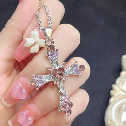 Colar Cruz Punk Y2K Rosa Roxo Zircão 2025 para Mulheres Pingente de Strass Corrente Clavícula Charme Joias de Festa Presentes