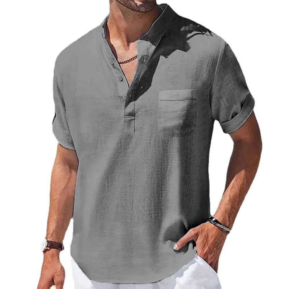 Hot selling Men's Cotton Linen Solid Color Short Sleeve Shirt Casual Summer Henley Collar Shirts Breathable Loose Beach T-Shirts