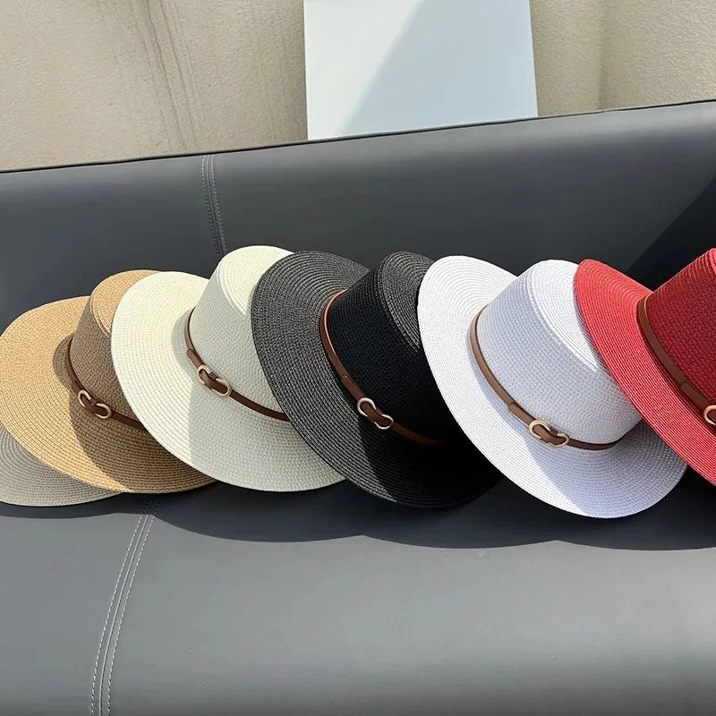 Simple Straw Summer Women Beach Hat Female Casual Panama Hat Women Flat Brim Bowknot Straw Cap Girls Sun Hat