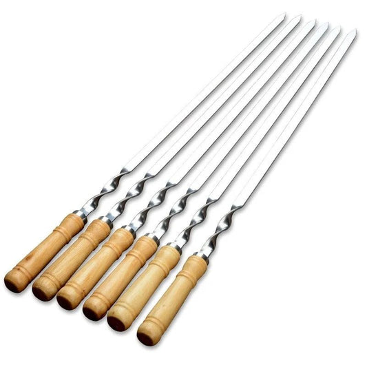 Stainless Steel Barbecue Skewers Long Handle 55cm Wooden Barbecue Handle Large Flat Stick Outdoor Picnic Barbecue Tools