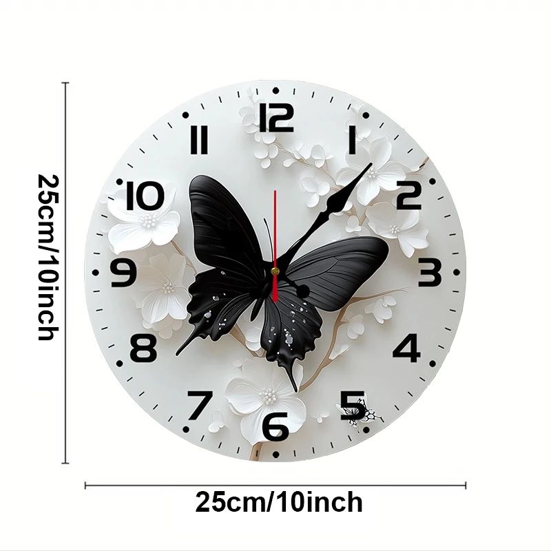 Black Butterfly Flower Wooden Round Silent Hanging Wall Clock,Suitable For Living Room,Office,Study Room,Bedroom,Home Decoration