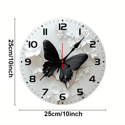 Black Butterfly Flower Wooden Round Silent Hanging Wall Clock,Suitable For Living Room,Office,Study Room,Bedroom,Home Decoration