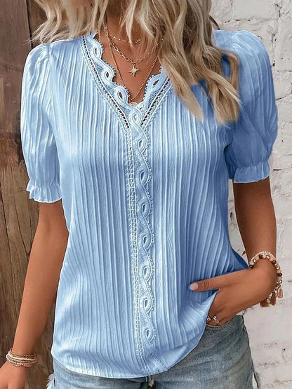 2025 Summer New Women's Blouse Top Solid Sexy V-Neck Hollow Short Sleeve Fashion Splice Plus Size Loose Street Apparel Shirt