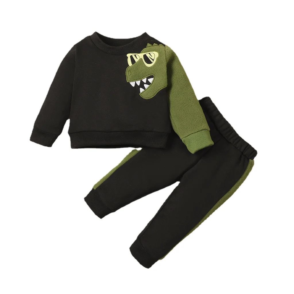 3-24 Months Baby Boys 2PCS Clothes Set Dinosaur Pattern Long Sleeves Print Black Top+Pants Toddles Autumn&Winter Handsome Outfit