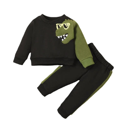 3-24 Months Baby Boys 2PCS Clothes Set Dinosaur Pattern Long Sleeves Print Black Top+Pants Toddles Autumn&Winter Handsome Outfit