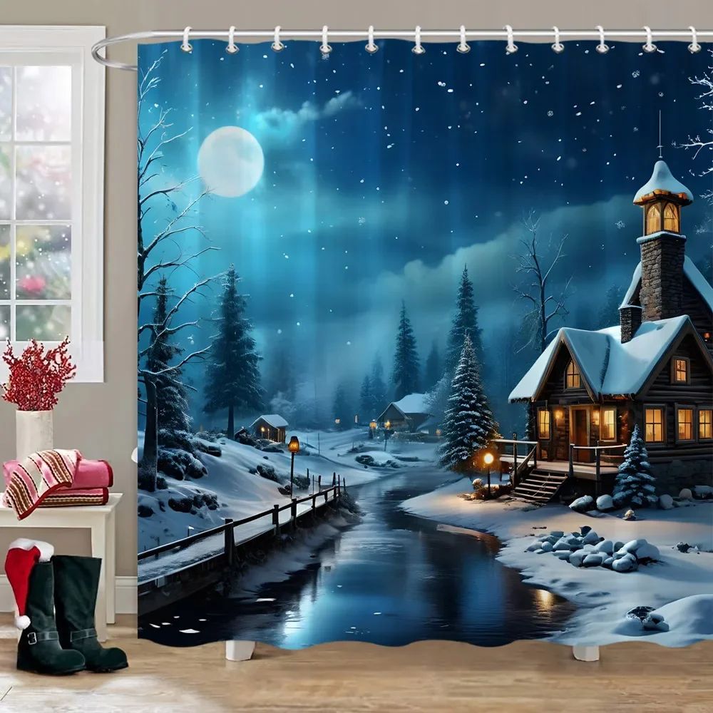 Winter Snow Forest Deer Shower Curtain Christmas Nature Landscape Christmas Gift Polyester Fabric Shower Curtains Bathroom Dec