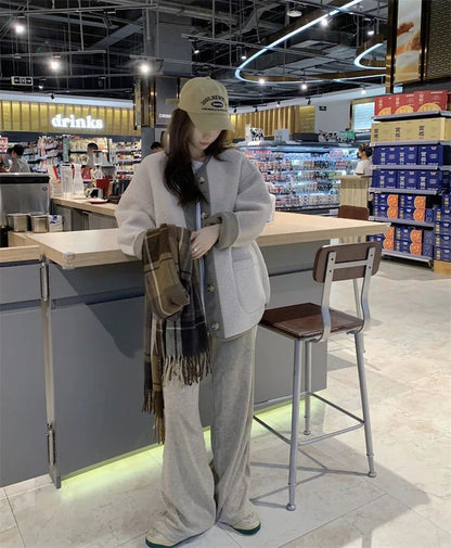 2024 Winter New Women's Lamb Wool Jacket Petite Loose-Fit Thickened Integrated Deer Skin Fleece Medium-Length Korean Style