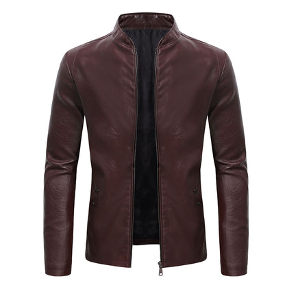 2024 Spring New Men's Business Casual Slim Long-sleeved Pu Leather Jacket Jacket Side Seam Pocket Zipper Solid Color