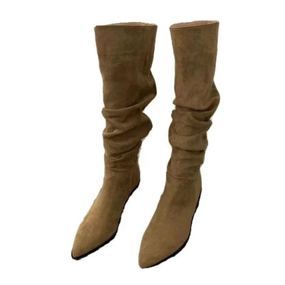 Women Knee High Boots Autumn Winter Female Shoes Fashion Female Slip-on Folds Low Heel Round Toe Flat Long Boots Botas De Mujer