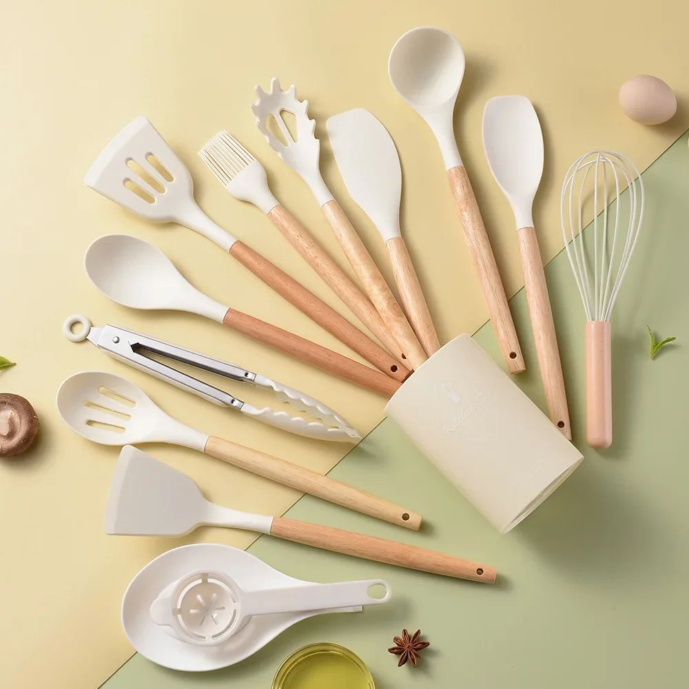 12PCS Silicone Kitchen Utensils Cooking Set Food Grade Cookware Utensils Turner Spatula Measuring Spoon Practical Kitchenware