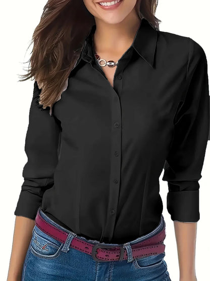 Solid Button Front Shirt, Elegant Long Sleeve Lapel Shirt for Spring Fall Fashion Women's Clothing Basic Blouses OL Womens Tops