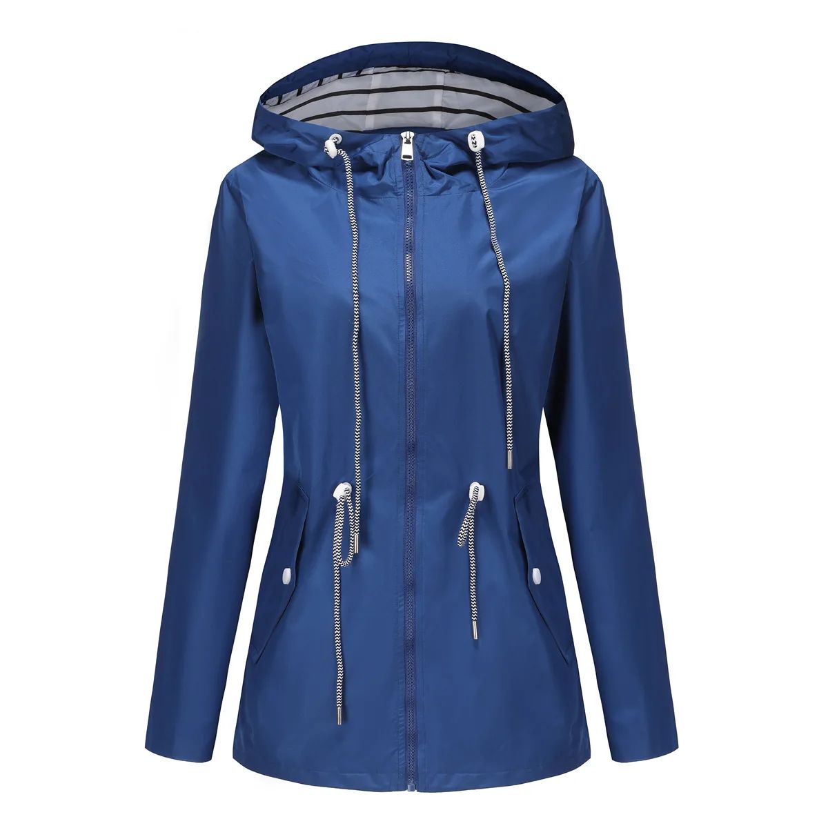 Blue Waterproof Hooded Jacket Women Fashion Casual Coat Waist Drawstring Tie Zipper Switch Red Green Yellow Black Windbreaker