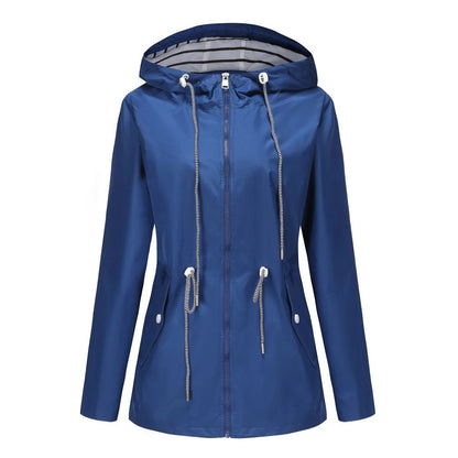 Blue Waterproof Hooded Jacket Women Fashion Casual Coat Waist Drawstring Tie Zipper Switch Red Green Yellow Black Windbreaker